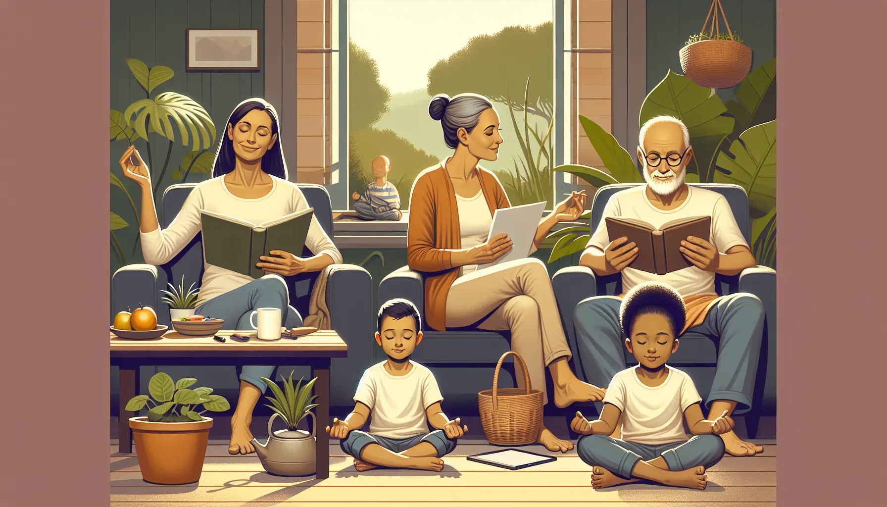 Famiglia che pratica la mindfulness insieme in un ambiente sereno