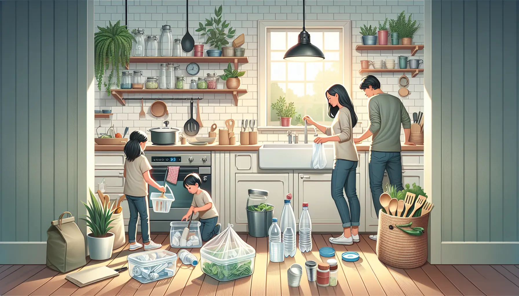 Famiglia che utilizza borse riutilizzabili durante la spesa per ridurre l'uso della plastica.