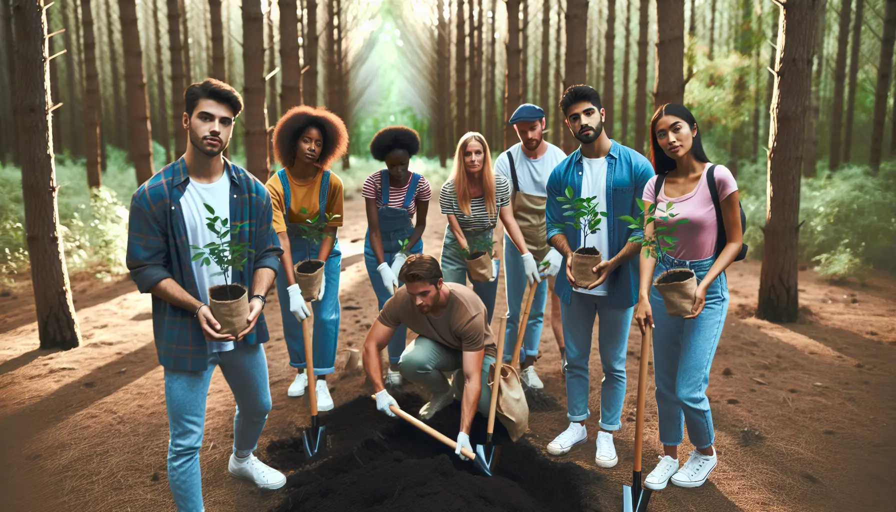 Immagine di una famiglia che partecipa a un evento di riforestazione, piantando alberi insieme in un ambiente naturale.