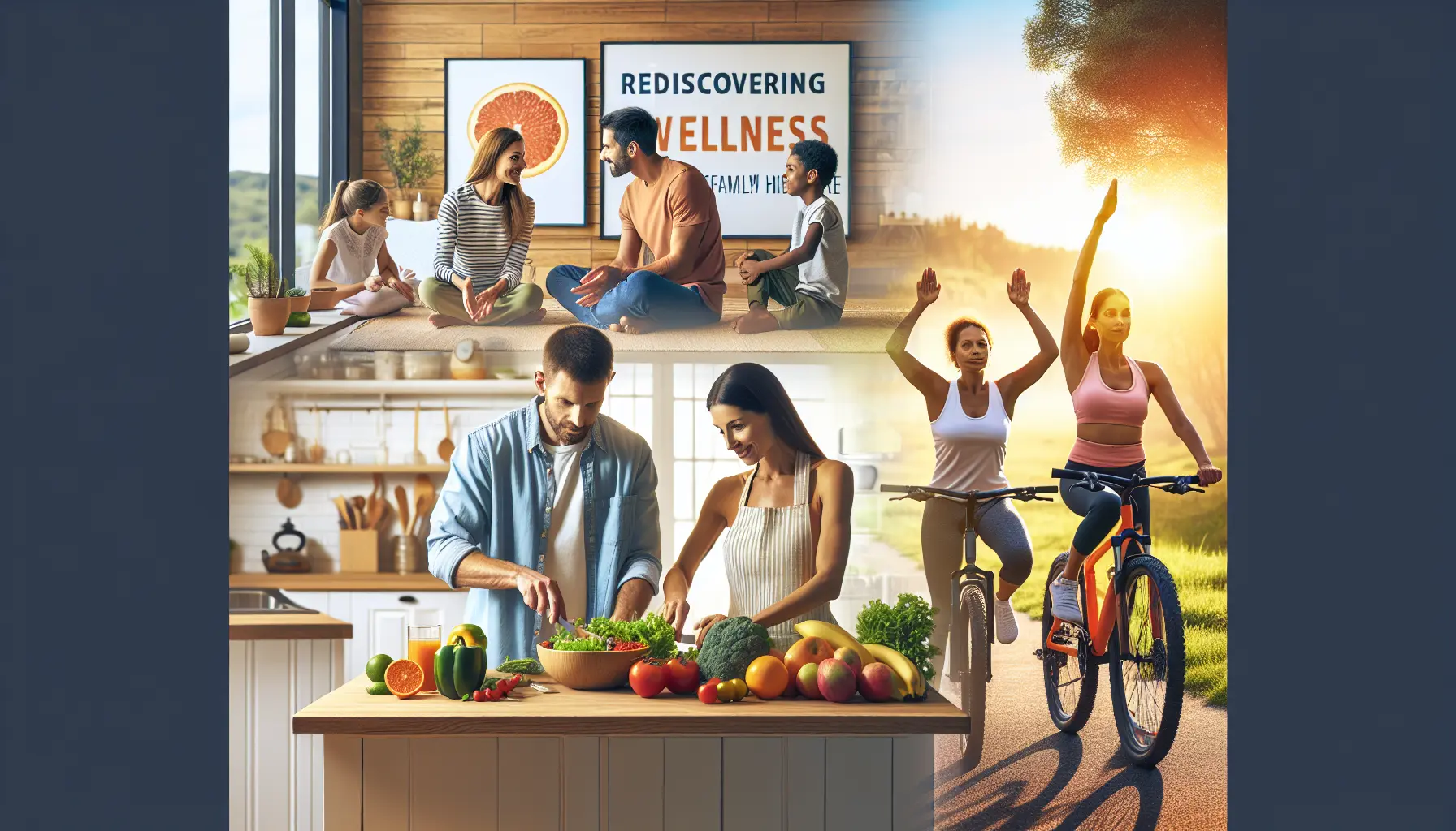 Una famiglia felice che prepara un pasto sano insieme in cucina, circondata da ingredienti freschi e colorati.