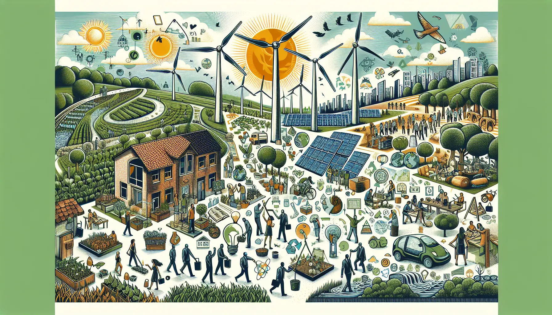 Un paesaggio naturale con pannelli solari e turbine eoliche che simboleggiano l'energia rinnovabile e la sostenibilità ambientale.