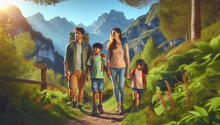 Famiglia che esplora la natura durante un viaggio digital detox, immersi nel verde e senza tecnologia.