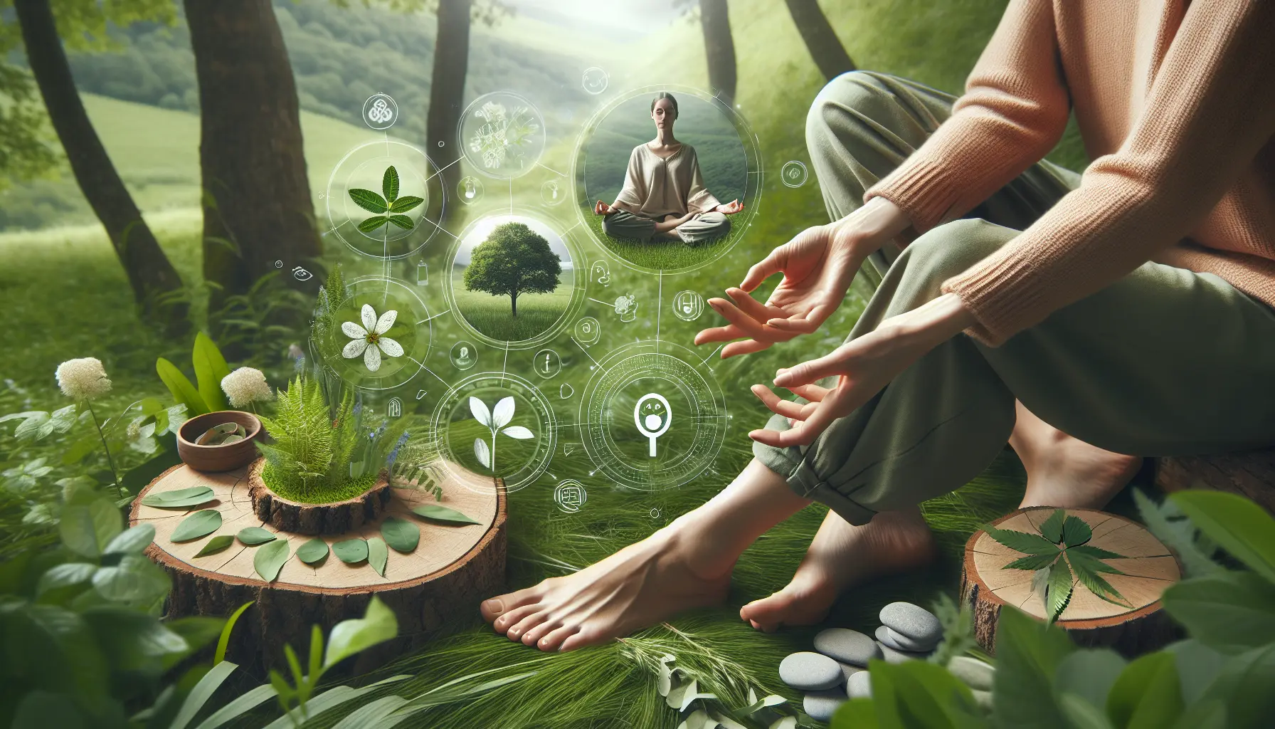 Una famiglia che cammina a piedi nudi su un prato verde, sorridendo e godendo della connessione con la natura.
