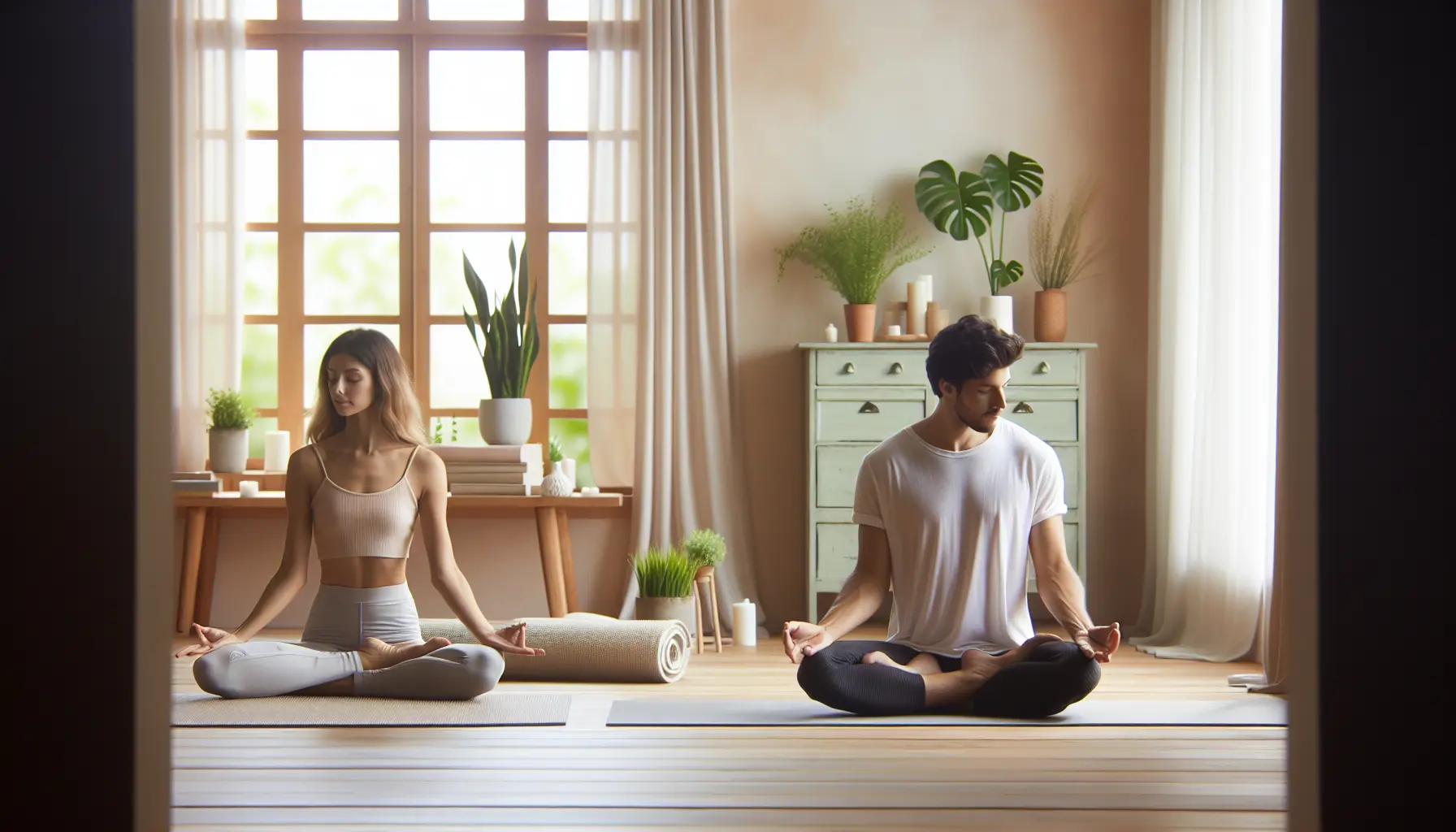 Una persona che pratica yoga in un ambiente tranquillo e rilassante, circondata da candele e piante.