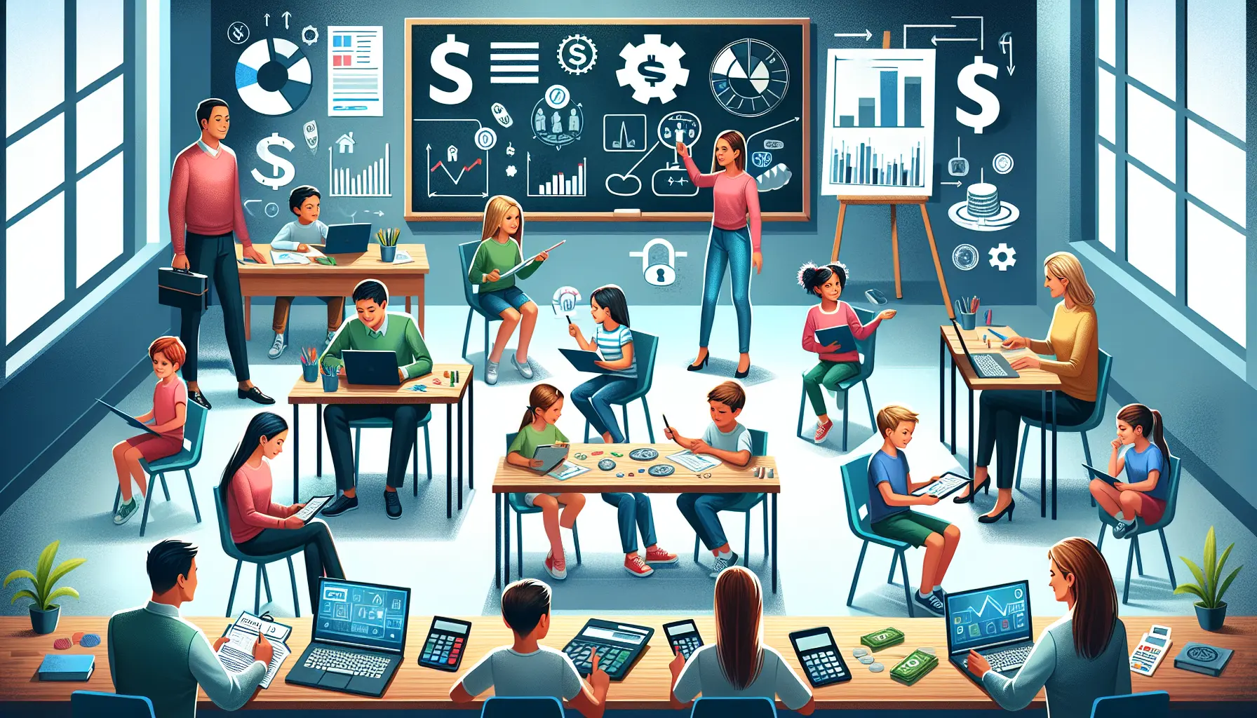 Un gruppo di studenti che partecipano a un laboratorio di educazione finanziaria, con tabelle e grafici sull'argomento.