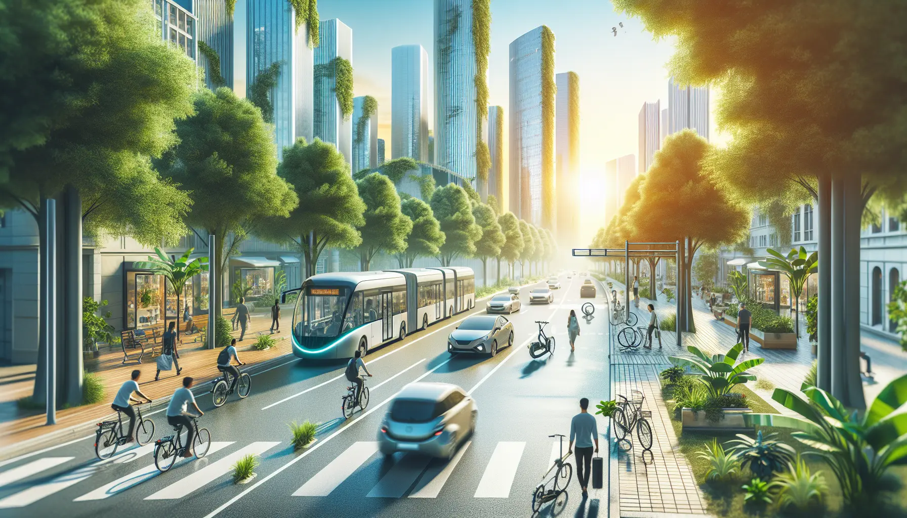 Vista panoramica di una città con infrastrutture per la mobilità sostenibile come piste ciclabili e trasporti pubblici elettrici.