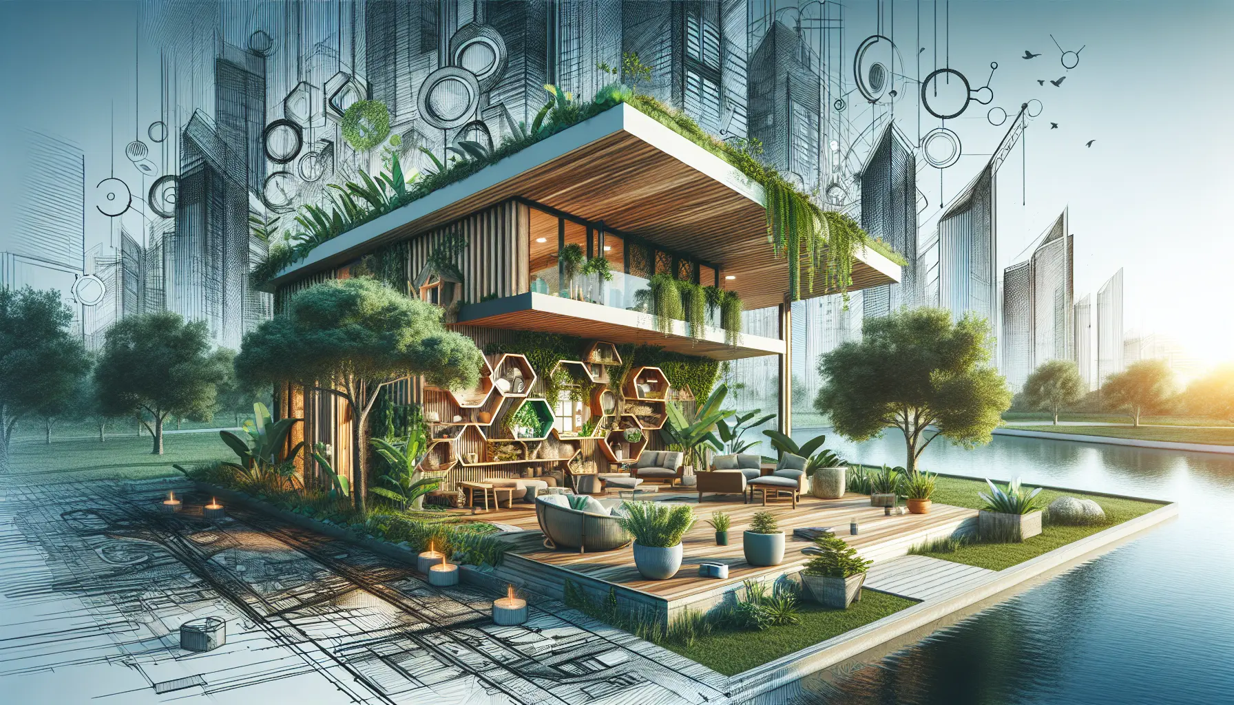 Interno di un edificio moderno con elementi di design sostenibile e piante verdi che arricchiscono lo spazio.