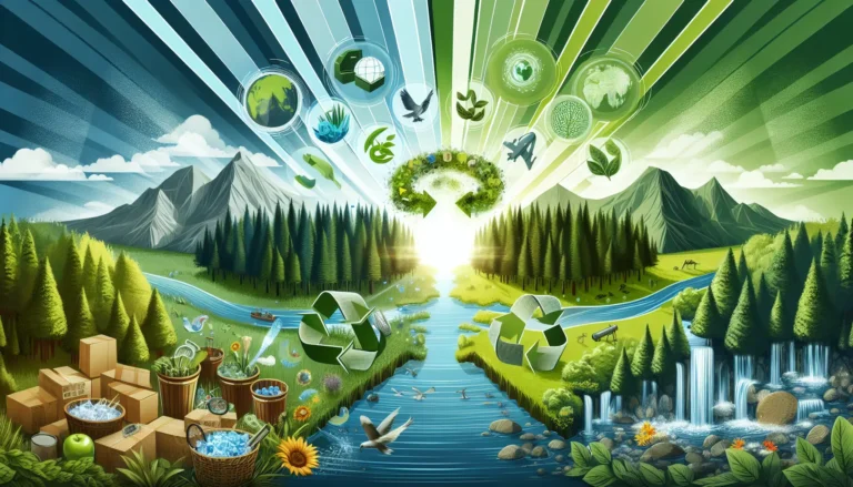 Un'immagine che rappresenta il concetto di economia circolare con simboli di riciclo e sostenibilità.