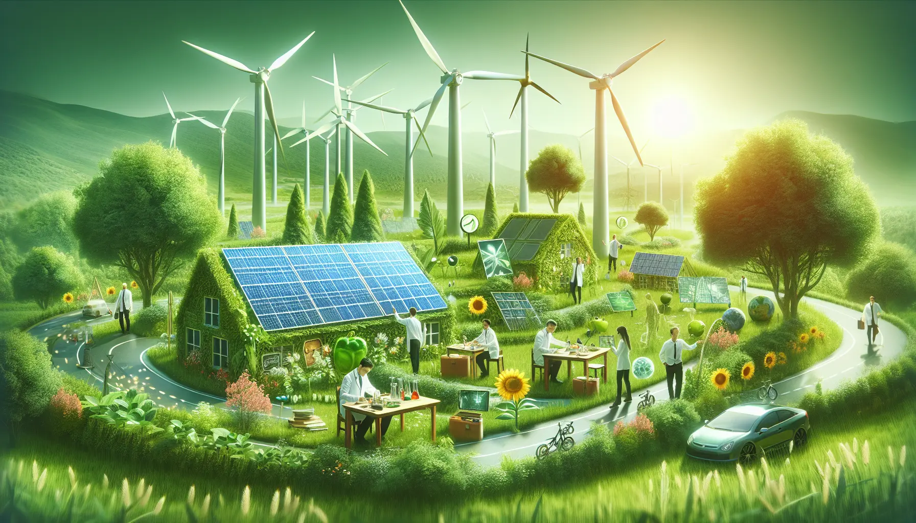 Pannelli solari e turbine eoliche che simboleggiano un futuro sostenibile e sano.