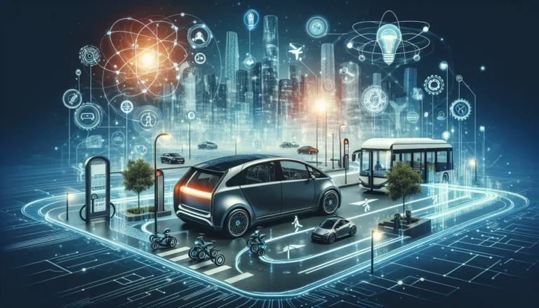 Un veicolo elettrico in una città moderna, simbolo della rivoluzione della mobilità sostenibile.