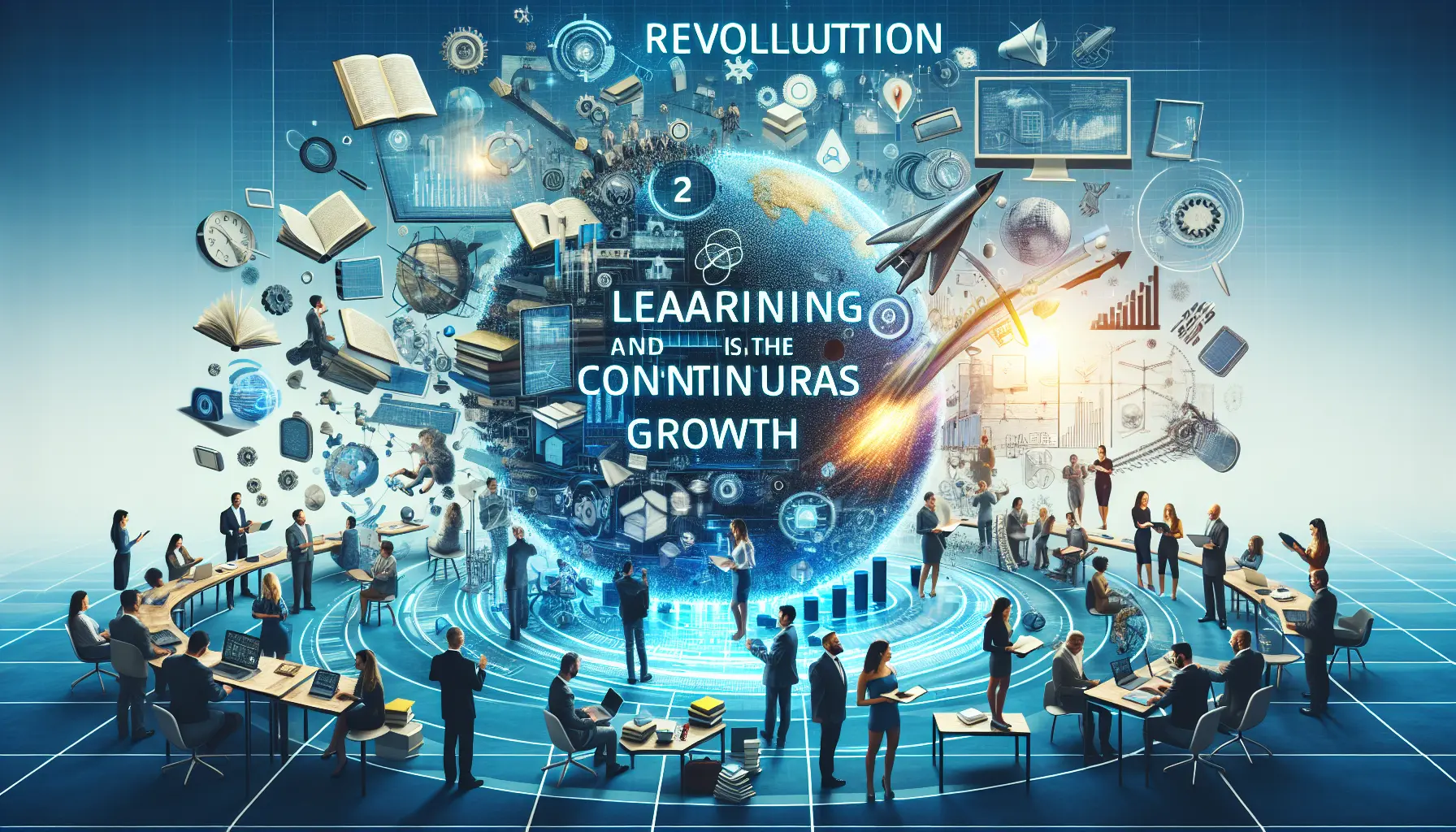 Un gruppo di professionisti impegnati in un'attività di apprendimento collaborativo, circondati da risorse digitali e materiali didattici.