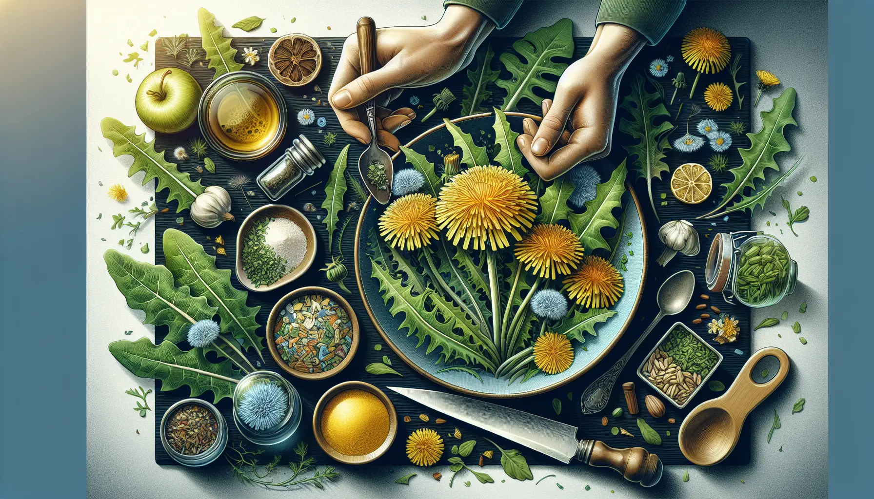 Un campo di tarassaco con fiori gialli e foglie verdi, simbolo di freschezza e natura.