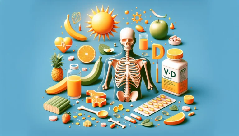 Un'immagine che rappresenta la vitamina D, con persone che si godono il sole all'aperto e cibi ricchi di vitamina D come pesce e uova.