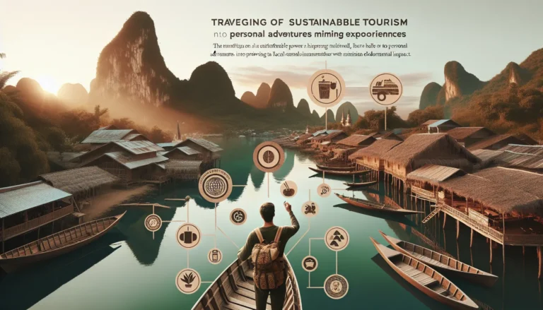 Viaggiatori che esplorano una destinazione naturale sostenibile, immersi in un paesaggio mozzafiato.