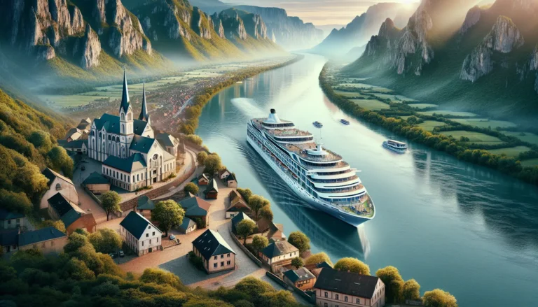 Una nave da crociera fluviale naviga lungo un fiume circondato da paesaggi incantevoli e città storiche.