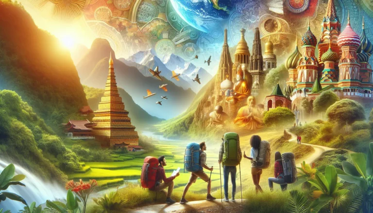 Un giovane avventuriero esplora un sentiero montano immerso nella natura e nella cultura locale.