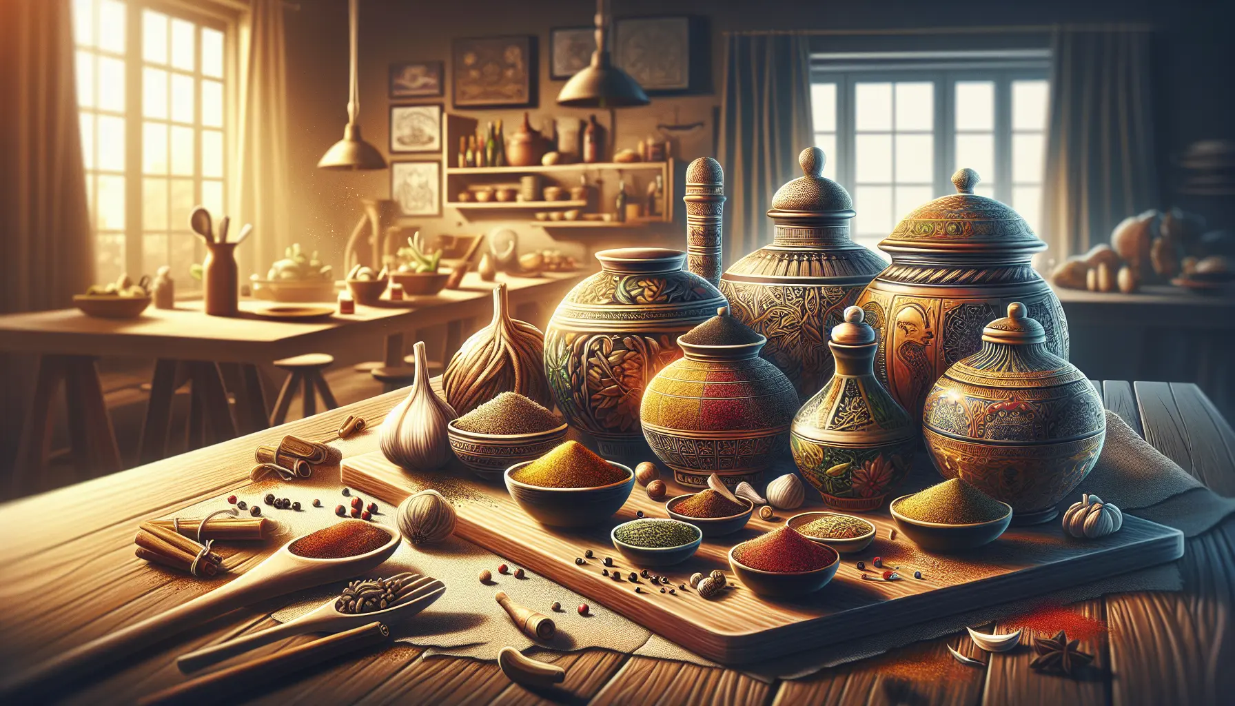 Varietà di spezie in barattoli colorati su un tavolo di legno