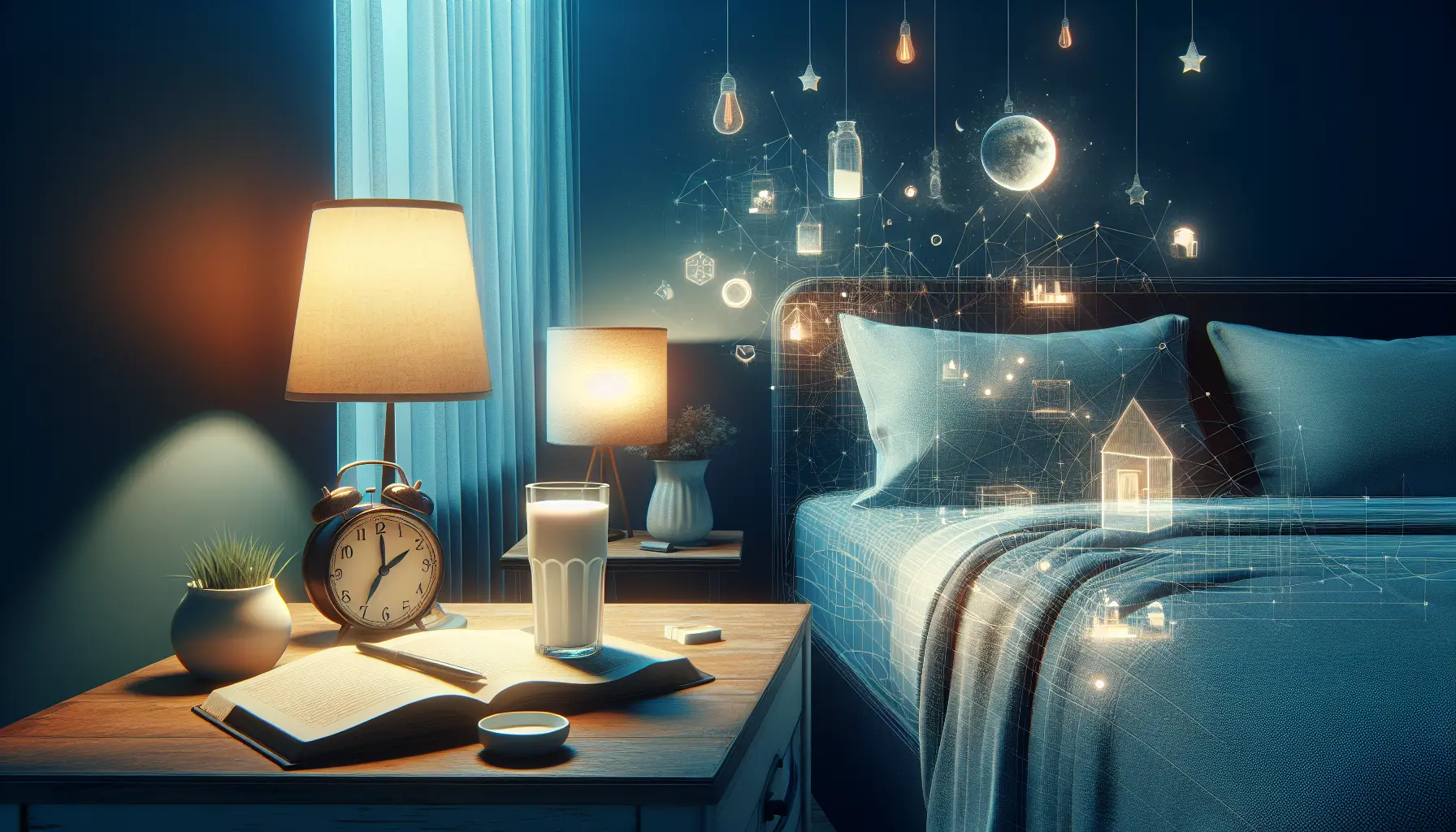 Una persona serena si prepara per andare a letto, circondata da luci soffuse e un'atmosfera rilassante.