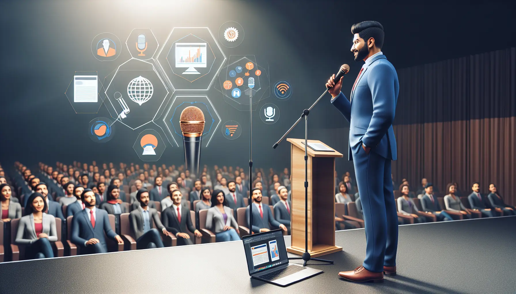 Un oratore che parla davanti a un pubblico attento, illustrando l'importanza del public speaking.