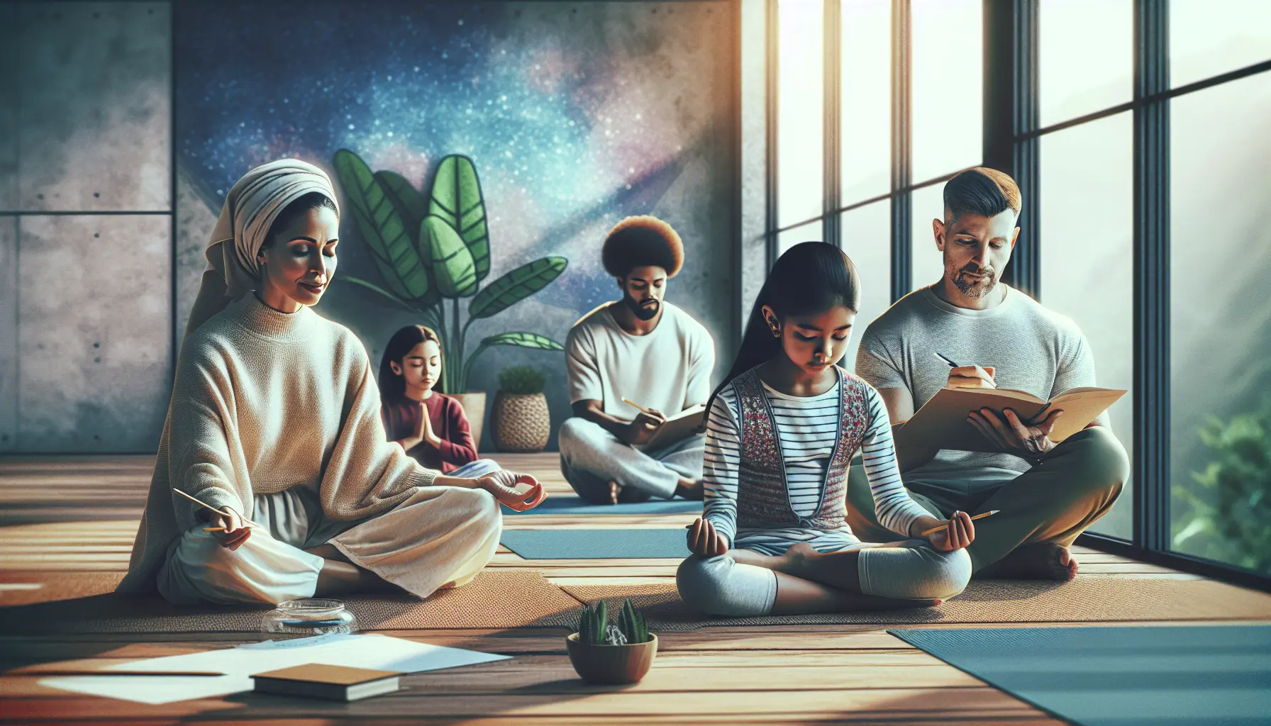 Una famiglia che pratica il grounding camminando a piedi nudi su un prato verde.