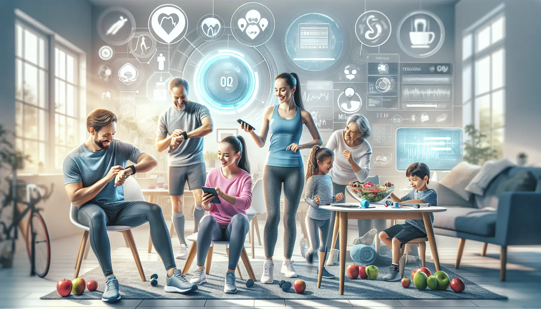 Una famiglia felice che utilizza dispositivi tecnologici per monitorare la salute e il benessere insieme.