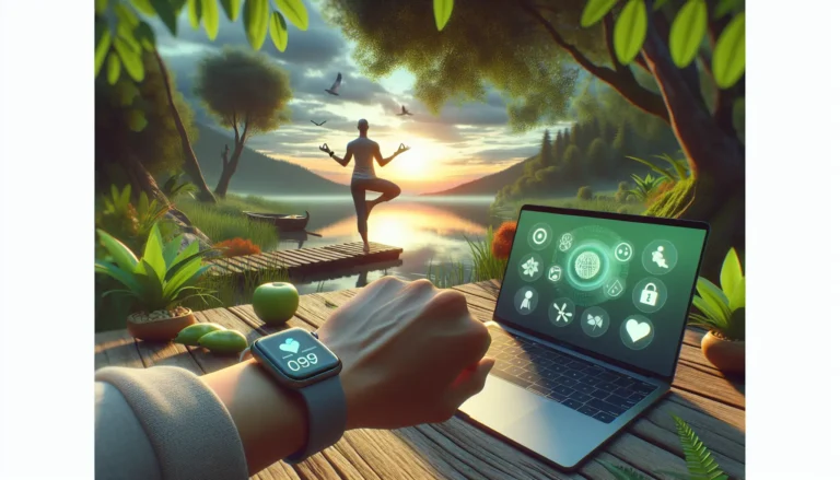 Un gruppo di persone che praticano meditazione all'aperto, circondati dalla natura, con dispositivi tecnologici che monitorano il loro benessere.