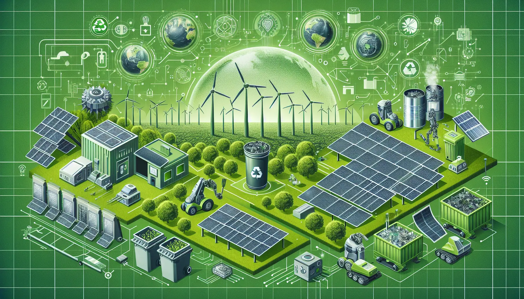 Un'immagine che rappresenta innovazioni tecnologiche per la sostenibilità ambientale, come pannelli solari e sistemi di gestione dei rifiuti.