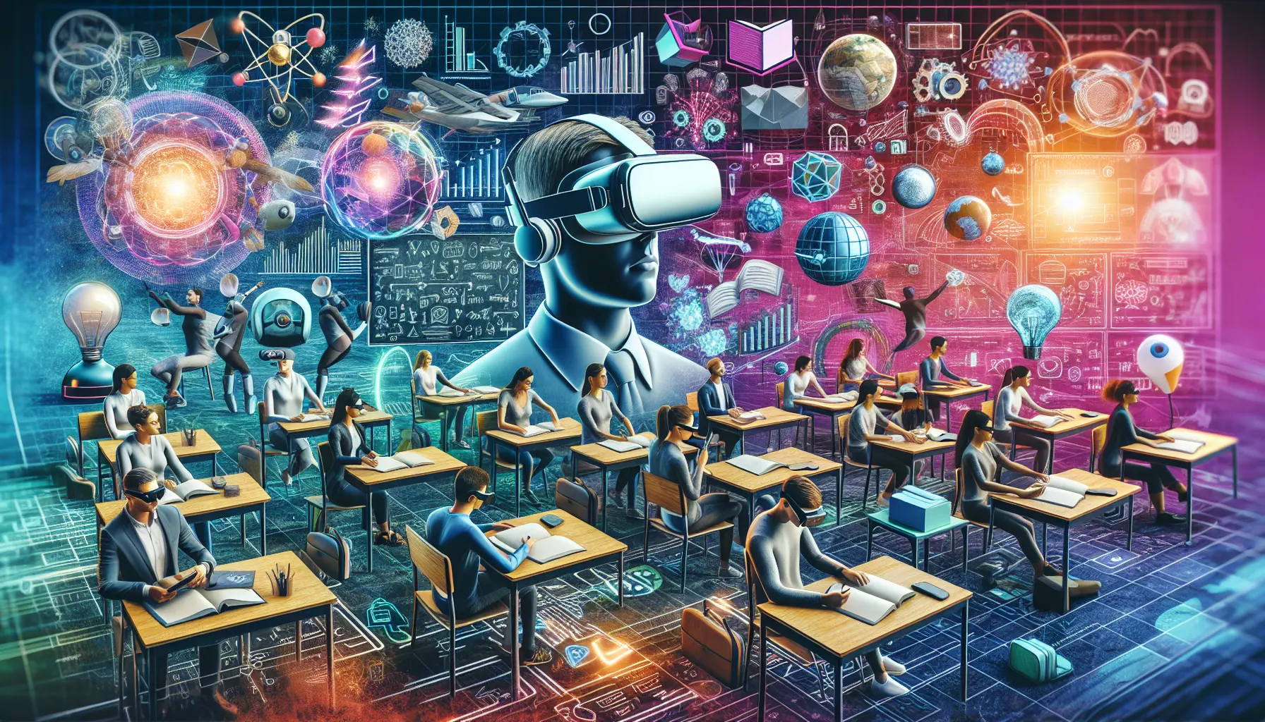 Studente che utilizza un visore di realtà virtuale per apprendere in un ambiente immersivo