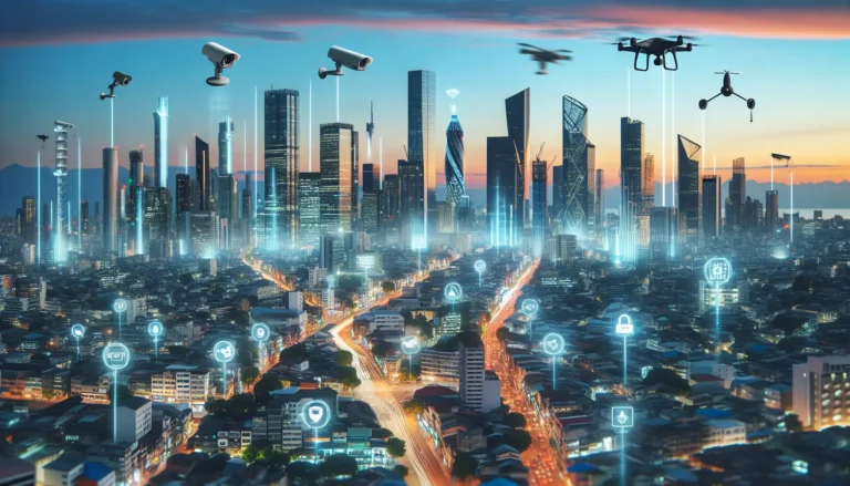 Una telecamera di sorveglianza intelligente installata in un ambiente urbano, simbolo della sicurezza nelle città moderne.