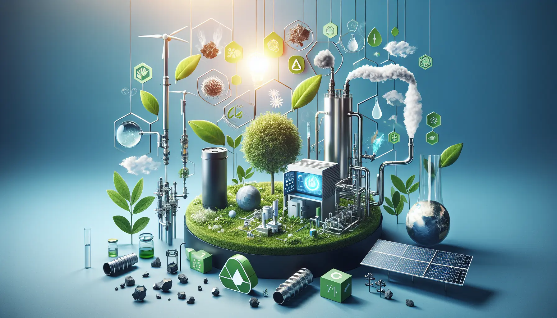 Panorama di un impianto di cattura del carbonio e produzione di energia a idrogeno, simbolo di innovazione e sostenibilità.