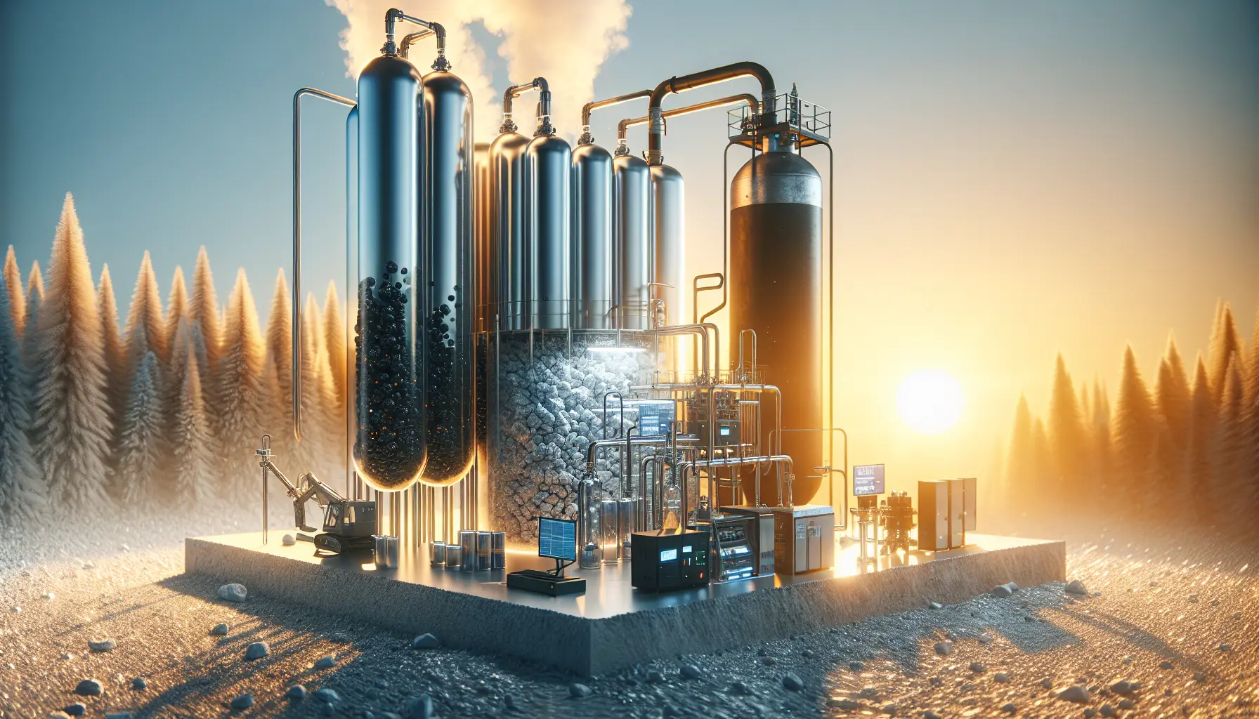 Illustrazione che rappresenta la cattura del carbonio e l'energia a idrogeno, simboli di innovazione tecnologica per la sostenibilità.