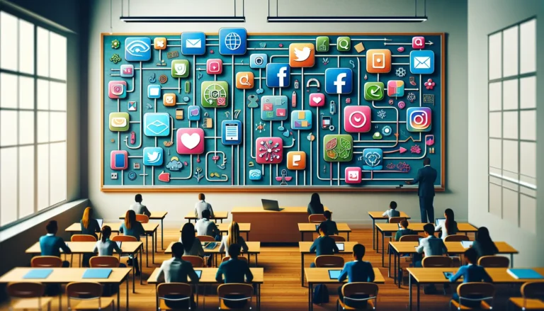 Un insegnante che utilizza un tablet per insegnare in un'aula moderna, circondato da studenti che interagiscono con i social media.