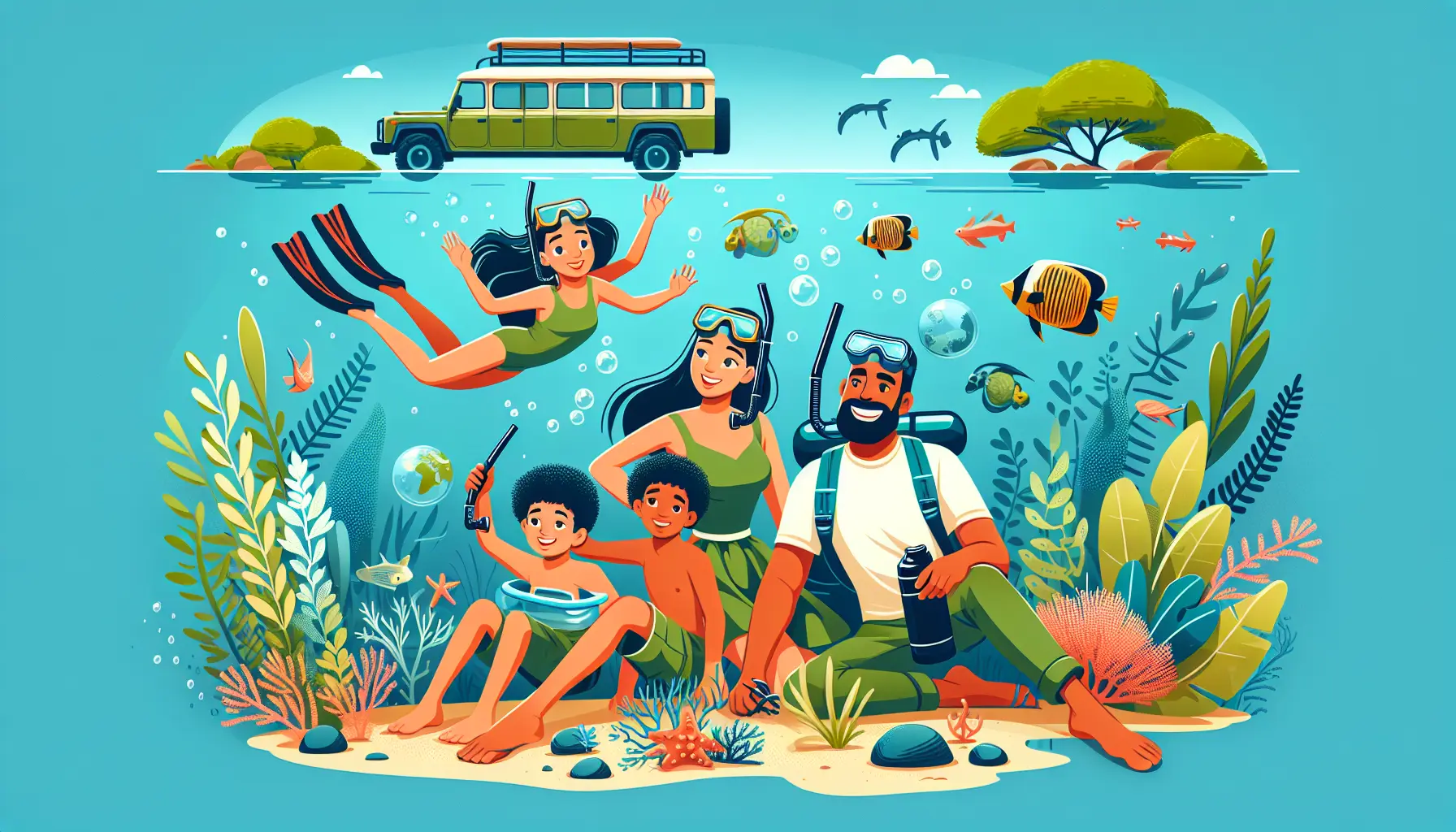 Famiglia che fa snorkeling in un'area marina protetta, circondata da pesci colorati e coralli.
