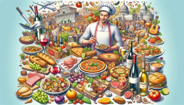 Un piatto tipico di una cucina locale, con ingredienti freschi e colorati, rappresentativo di un viaggio enogastronomico.