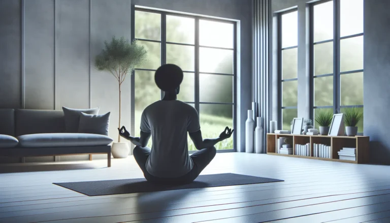 Una persona che medita in un ambiente naturale sereno, circondata da alberi e luce solare.