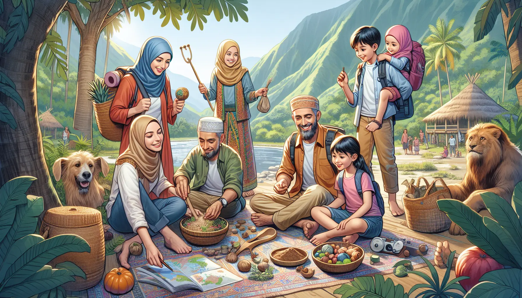 Famiglia in viaggio che esplora culture locali e pratiche sostenibili.