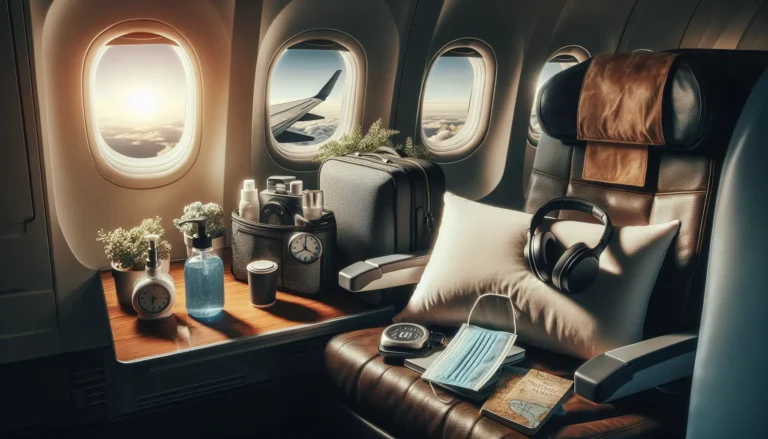 Un passeggero rilassato in volo, circondato da comfort e lusso, mentre si dirige verso una destinazione esotica.