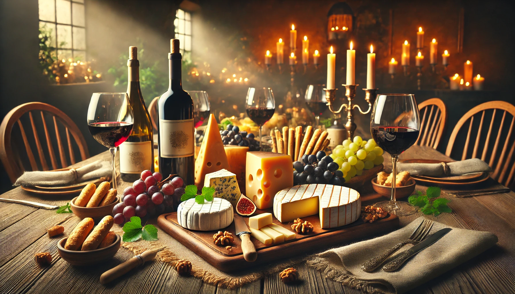 Tavola rustica apparecchiata per una serata di degustazione di formaggi e vini, con calici, bottiglie di vino, formaggi assortiti, uva, noci e grissini, illuminata da una luce calda e accogliente