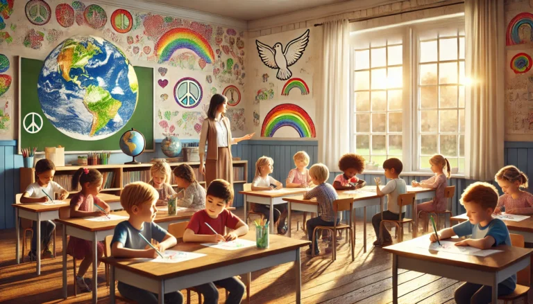 Una classe di scuola primaria luminosa e serena, con bambini di diverse etnie intenti a disegnare simboli di pace come colombe e arcobaleni. Un'insegnante guida la discussione accanto a un mappamondo. L'atmosfera è inclusiva e accogliente, con pareti decorate da poster e disegni colorati