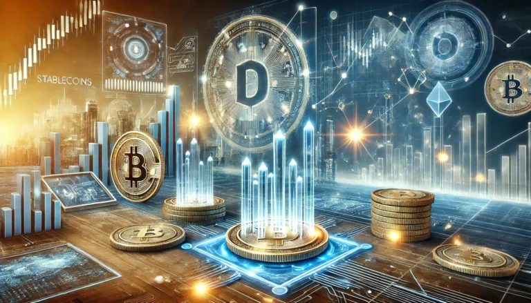 Rappresentazione futuristica di un ecosistema finanziario basato su stablecoin, con monete digitali luminose, reti blockchain e grafici finanziari in un ambiente tecnologico e sicuro