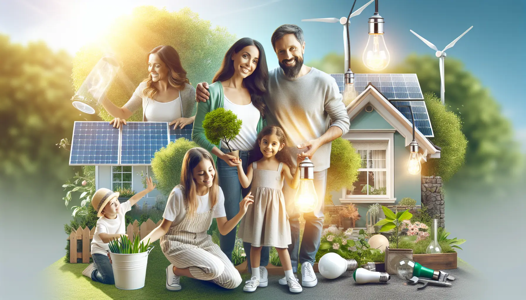 Una famiglia che installa pannelli solari sul tetto della loro casa circondata da un giardino verde.