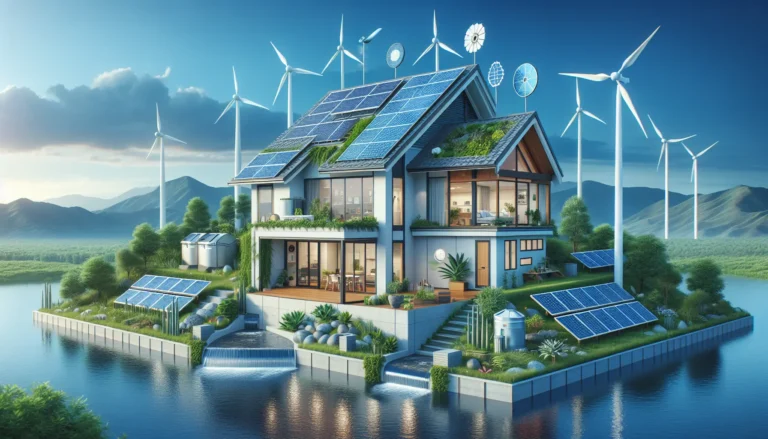 Una casa moderna con pannelli solari e una turbina eolica nel giardino, simbolo di sostenibilità e innovazione energetica.