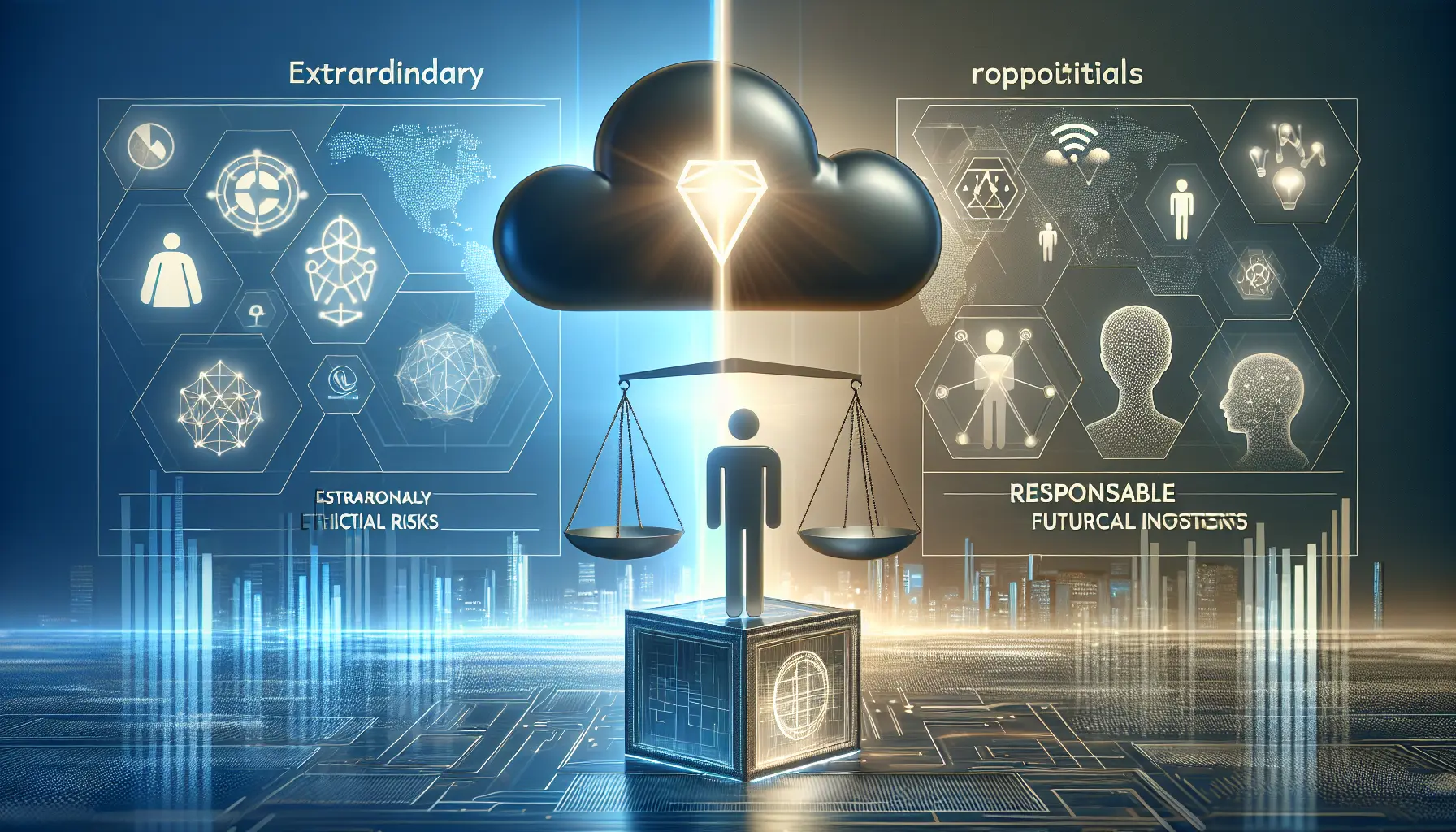Un'immagine che rappresenta l'intelligenza artificiale e le sue implicazioni etiche, con simboli di tecnologia e giustizia.