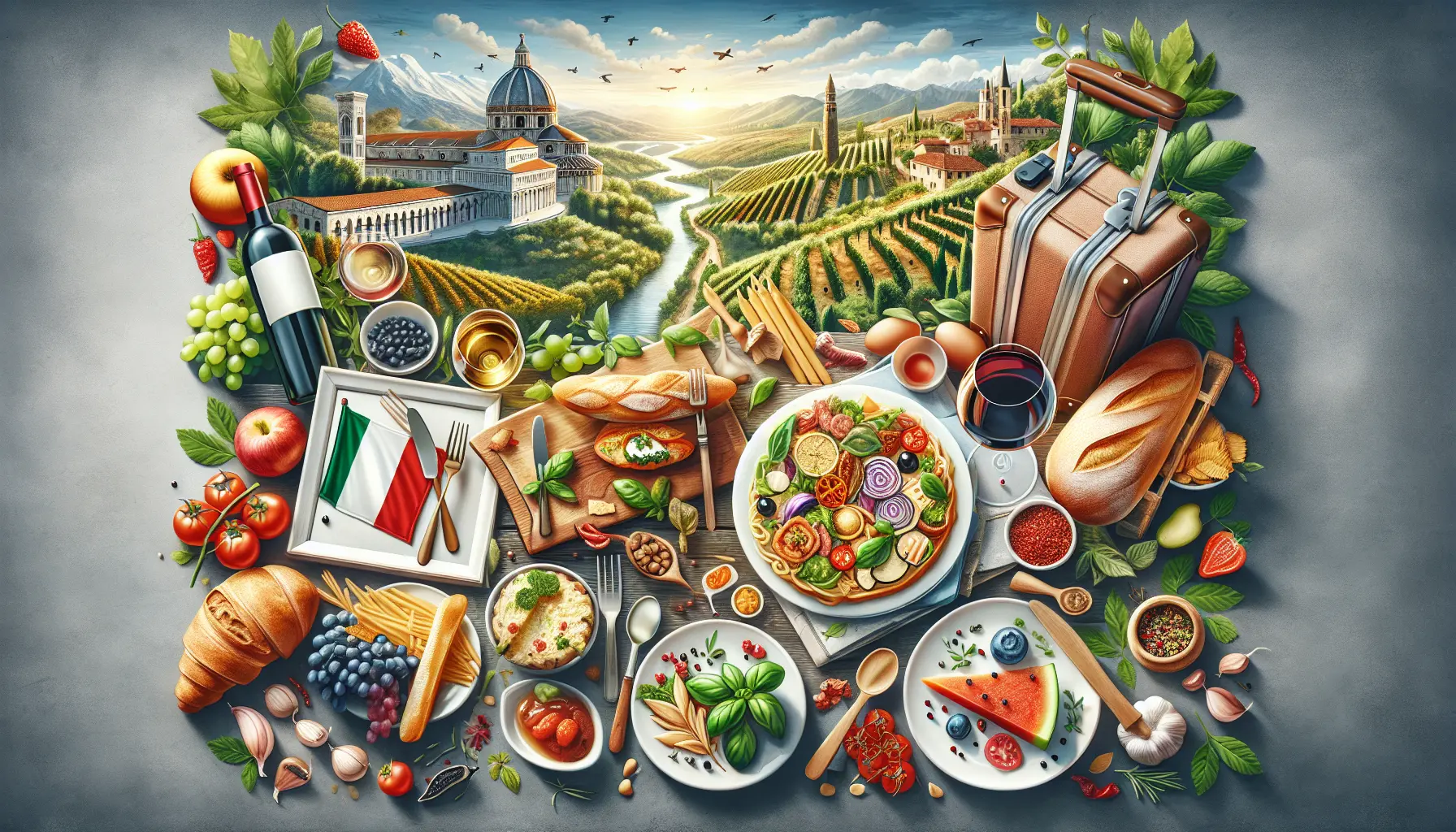Un tavolo elegante imbandito con piatti tipici e vini pregiati in un ristorante.