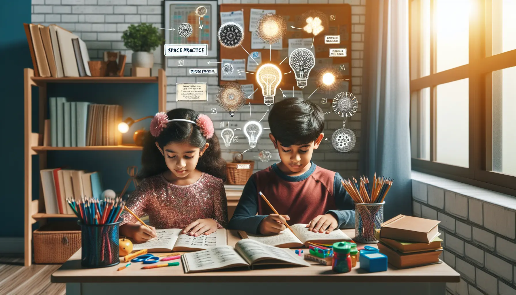 Un bambino che studia con libri e materiali didattici, circondato da un ambiente di apprendimento positivo.