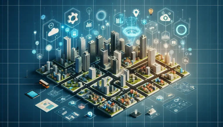 Un'immagine che rappresenta una città intelligente con sensori e dati digitali che fluiscono attraverso le strade.