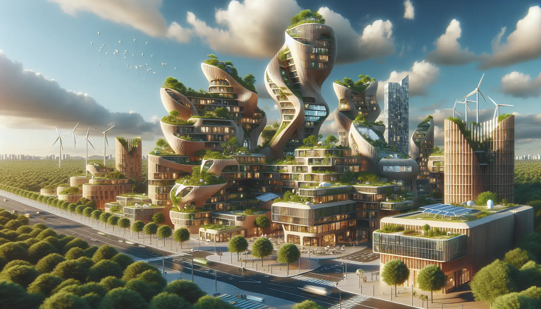 Un edificio in bioedilizia con piante e materiali naturali, rappresentante l'innovazione sostenibile nel settore delle costruzioni.