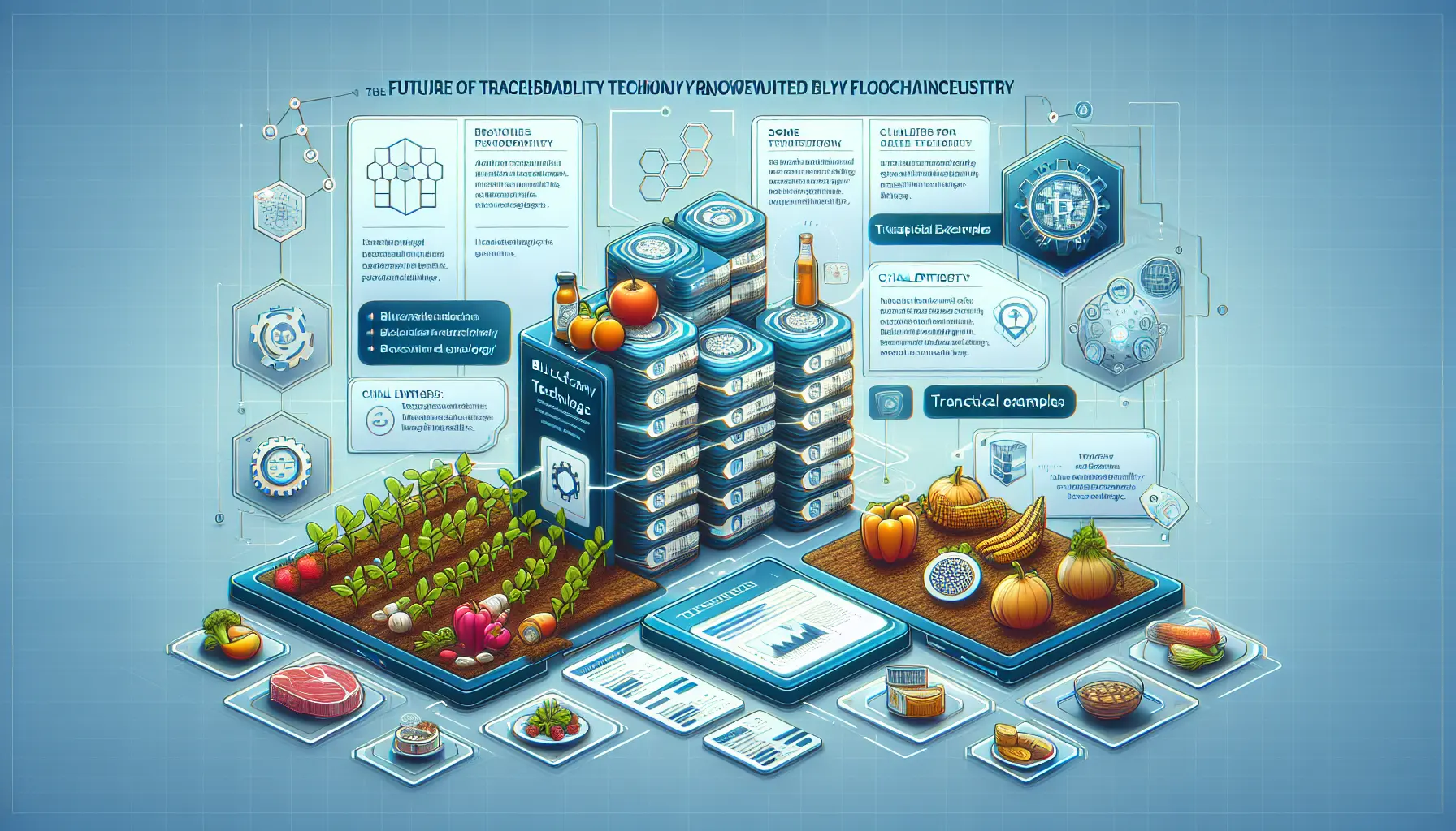 Un'immagine che rappresenta la tracciabilità degli alimenti attraverso la tecnologia blockchain, con simboli di sicurezza e trasparenza.