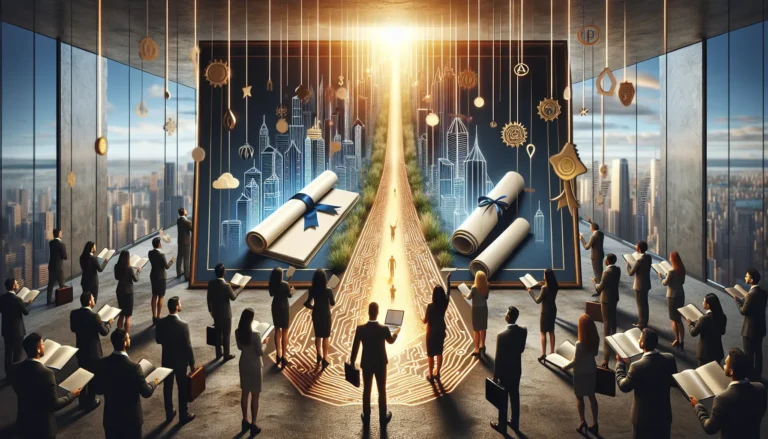 Professionista che studia per una certificazione, circondato da libri e risorse online.