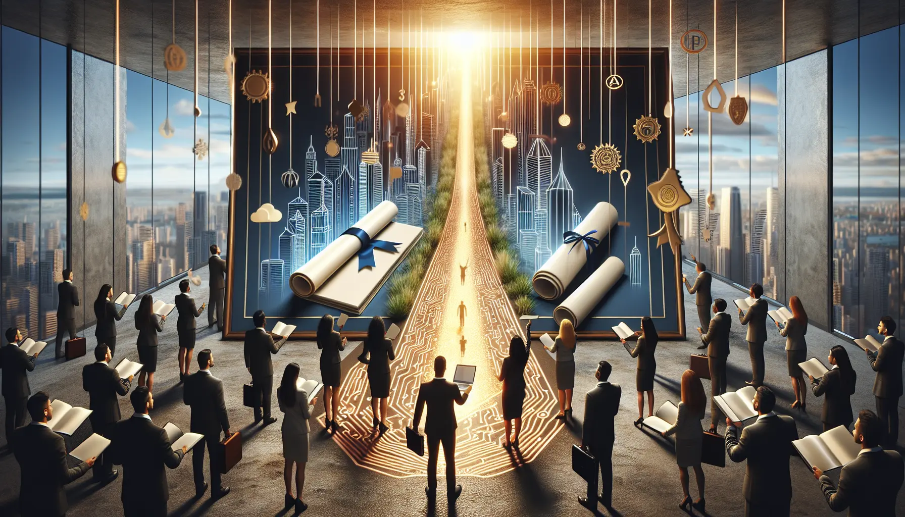 Professionista che studia per una certificazione, circondato da libri e risorse online.